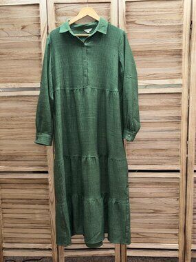 Max Studio Green Tiered Cotton Shirt Maxi Dress L